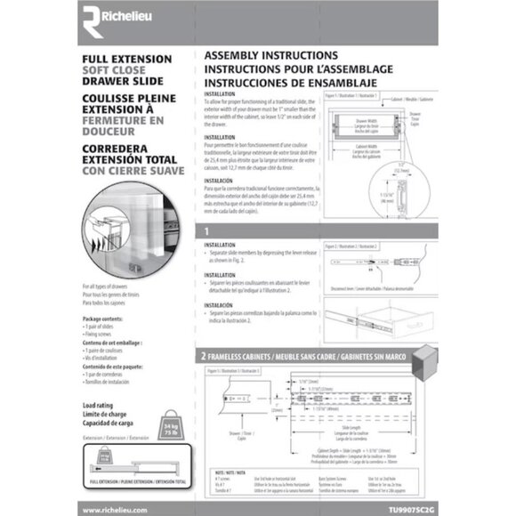 Richelieu 18" Full Extension Drawer Slides 2-Pack 100lb Side Mount Silver - Picture 9 of 9